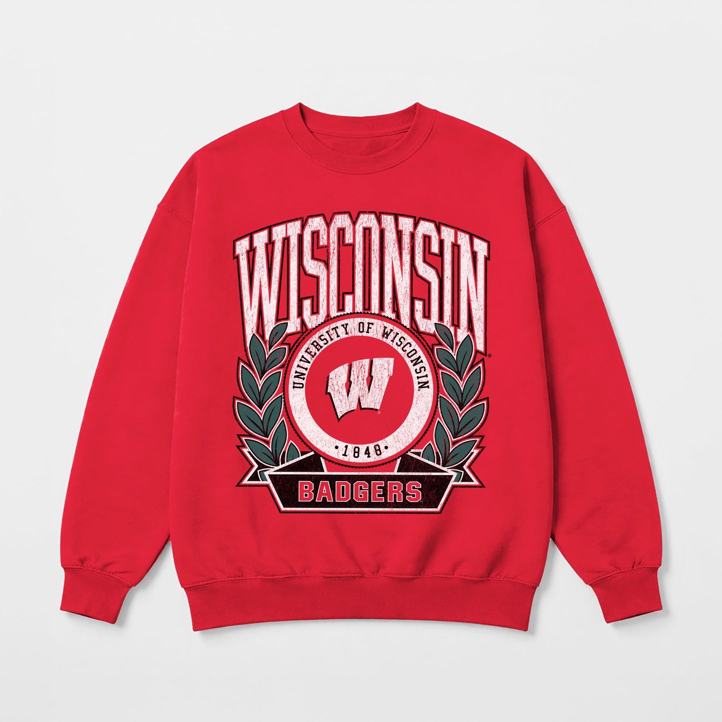 WISCONSIN BADGERS CLASSIC ARCHIVES PREMIUM FLEECE DROP SHOULDER CREWNECK PULLOVER