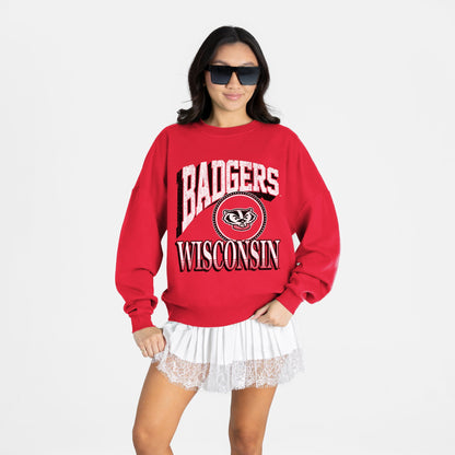 WISCONSIN BADGERS MAIN CHARACTER PREMIUM FLEECE DROP SHOULDER CREWNECK PULLOVER