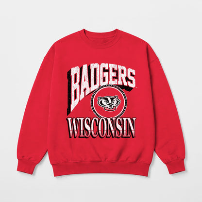 WISCONSIN BADGERS MAIN CHARACTER PREMIUM FLEECE DROP SHOULDER CREWNECK PULLOVER