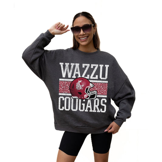 WASHINGTON STATE COUGARS WILD TAILGATE LONG SLEEVE UNISEX FIT PREMIUM FLEECE CREWNECK SWEATSHIRT WITH RIBBED KNIT NECKLINE, WRIST, AND WAISTBAND