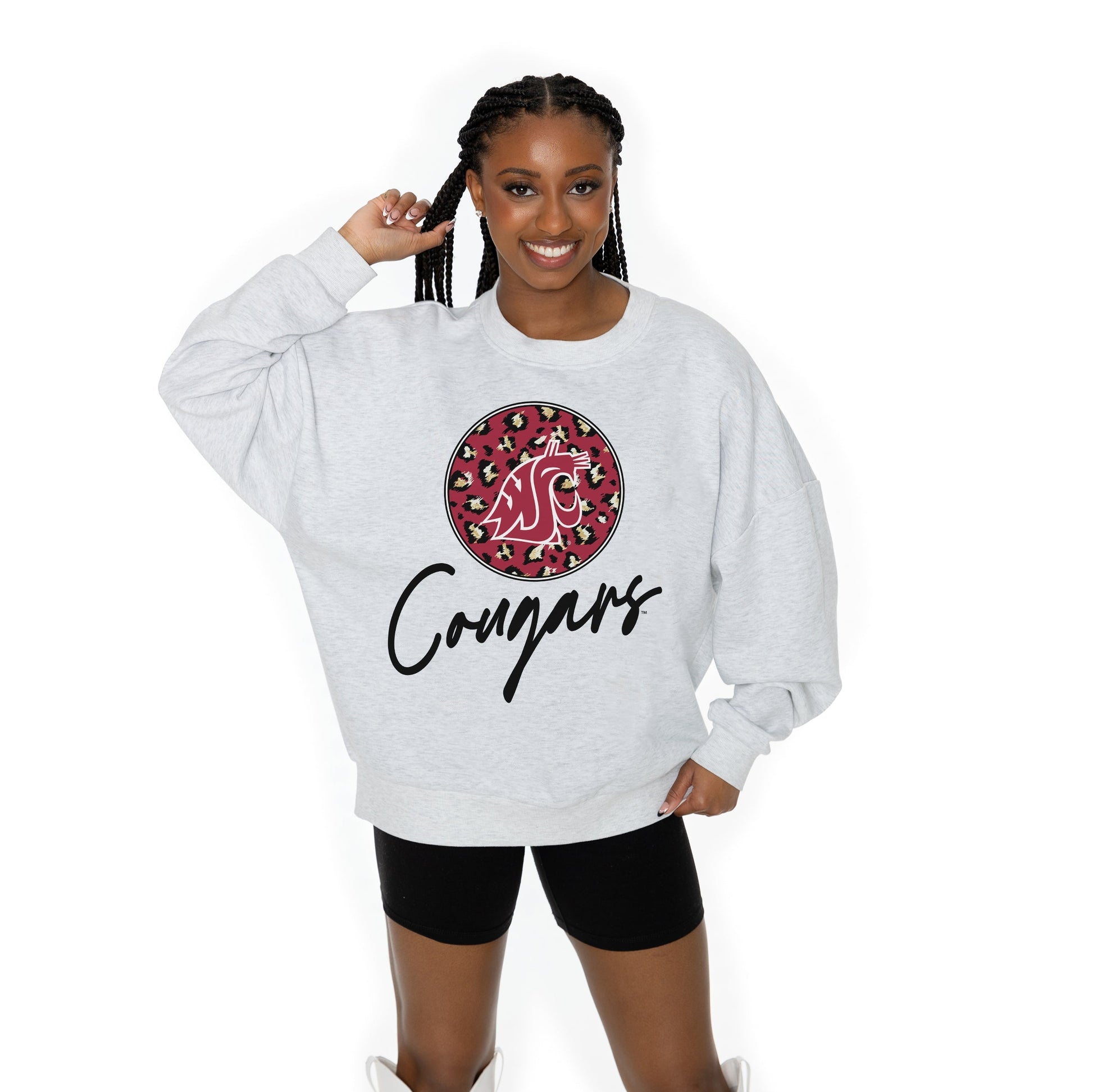 WASHINGTON STATE COUGARS GOING WILD LONG SLEEVE UNISEX FIT PREMIUM FLEECE CREWNECK SWEATSHIRT WITH RIBBED KNIT NECKLINE, WRIST, AND WAISTBAND