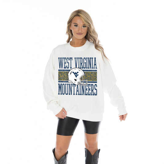 WEST VIRGINIA MOUNTAINEERS FAIR CATCH LONG SLEEVE UNISEX FIT PREMIUM FLEECE CREWNECK SWEATSHIRT WITH RIBBED KNIT NECKLINE, WRIST, AND WAISTBAND