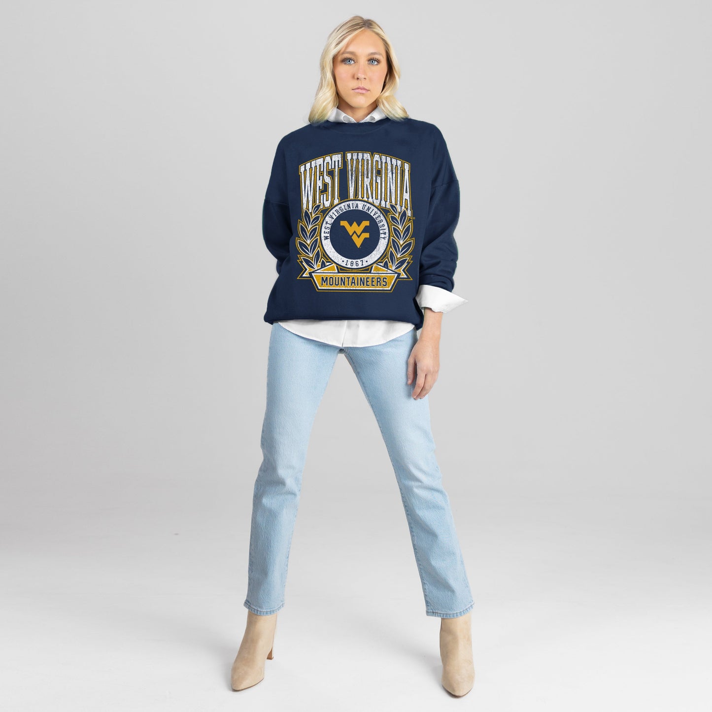 WEST VIRGINIA MOUNTAINEERS CLASSIC ARCHIVES PREMIUM FLEECE DROP SHOULDER CREWNECK PULLOVER