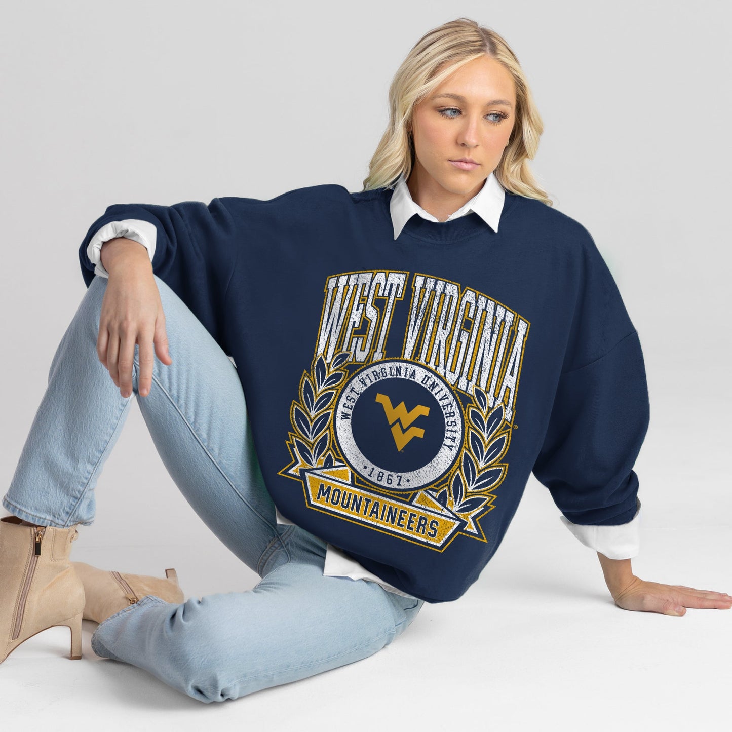 WEST VIRGINIA MOUNTAINEERS CLASSIC ARCHIVES PREMIUM FLEECE DROP SHOULDER CREWNECK PULLOVER