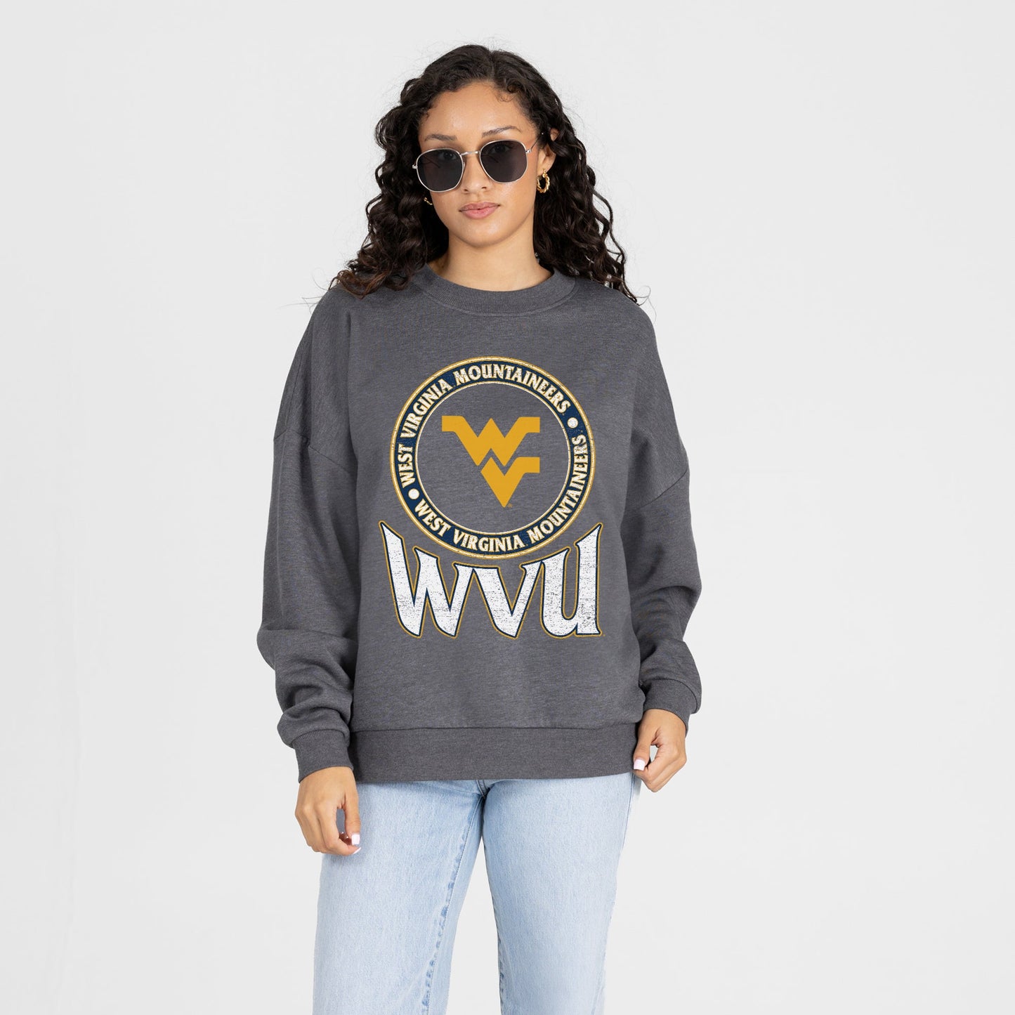 WEST VIRGINIA MOUNTAINEERS SATURDAY SEAL PREMIUM FLEECE DROP SHOULDER CREWNECK PULLOVER