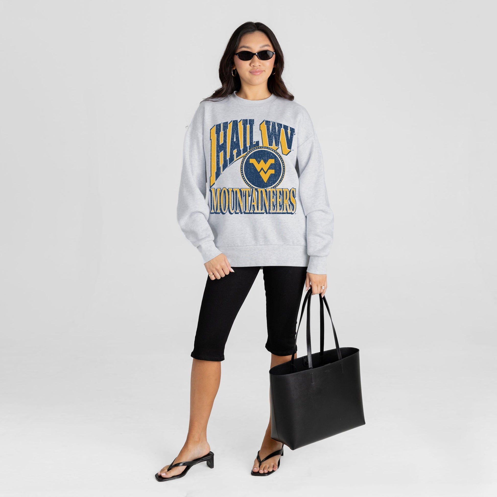 WEST VIRGINIA MOUNTAINEERS GAME ON PREMIUM FLEECE DROP SHOULDER CREWNECK PULLOVER