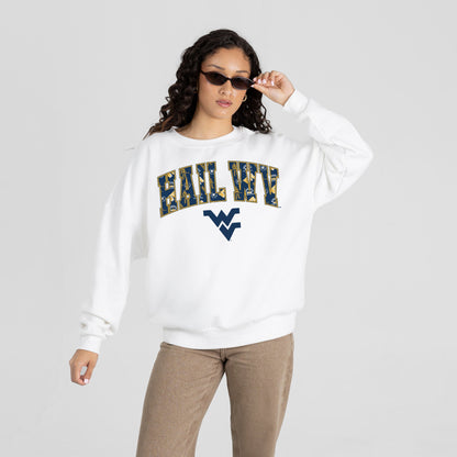 WEST VIRGINIA MOUNTAINEERS SWEET PLAY PREMIUM FLEECE DROP SHOULDER CREWNECK PULLOVER