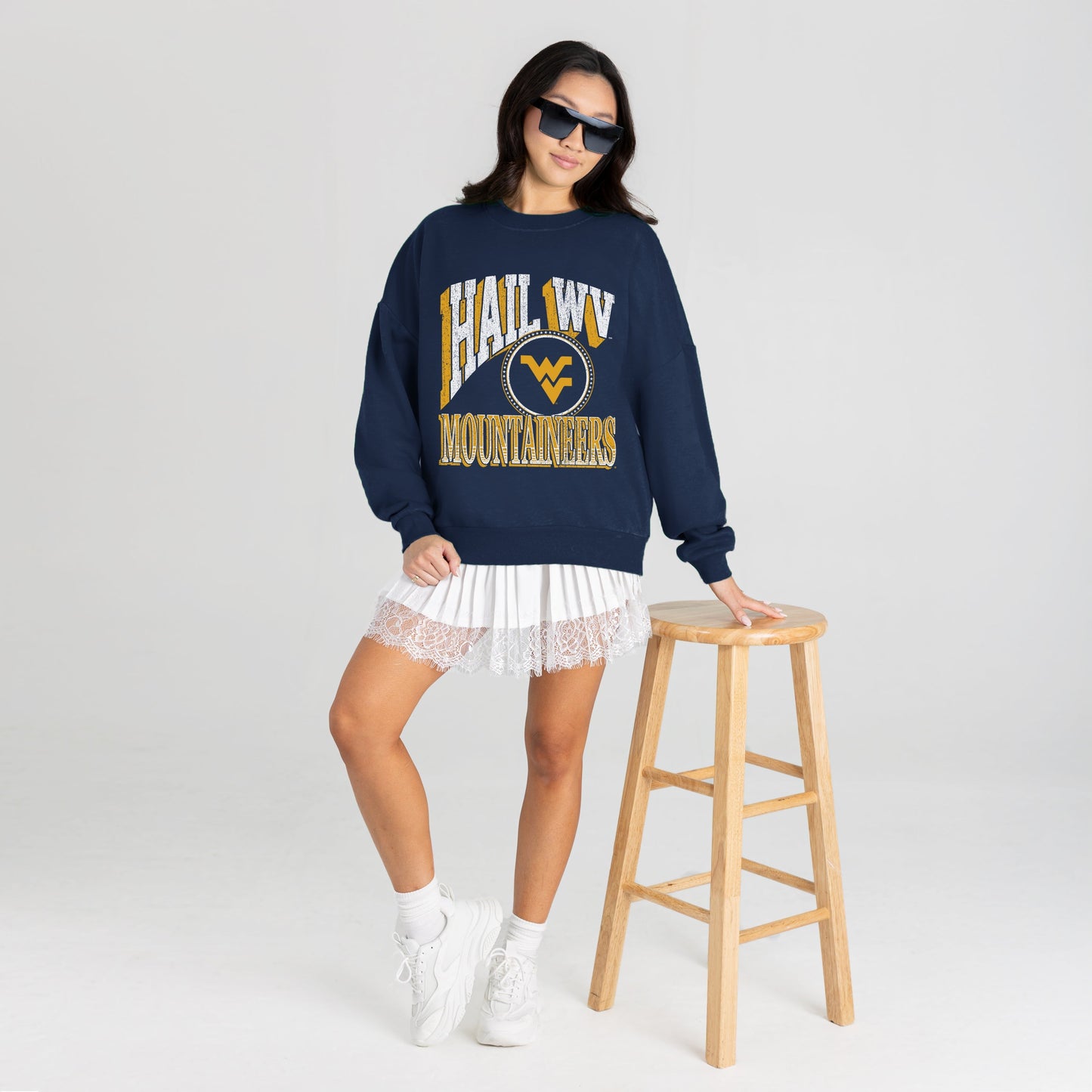 WEST VIRGINIA MOUNTAINEERS MAIN CHARACTER PREMIUM FLEECE DROP SHOULDER CREWNECK PULLOVER