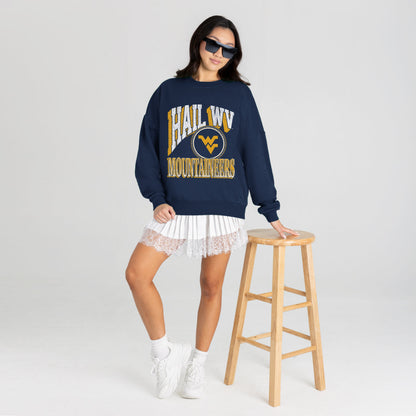 WEST VIRGINIA MOUNTAINEERS MAIN CHARACTER PREMIUM FLEECE DROP SHOULDER CREWNECK PULLOVER