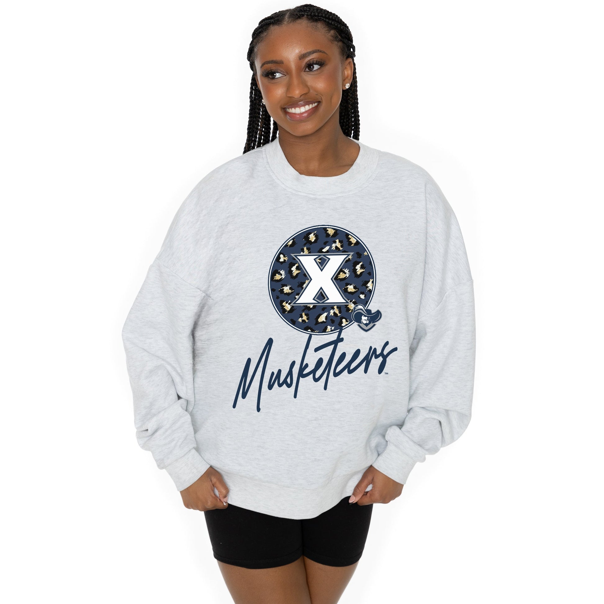 XAVIER MUSKETEERS GOING WILD LONG SLEEVE UNISEX FIT PREMIUM FLEECE CREWNECK SWEATSHIRT WITH RIBBED KNIT NECKLINE, WRIST, AND WAISTBAND