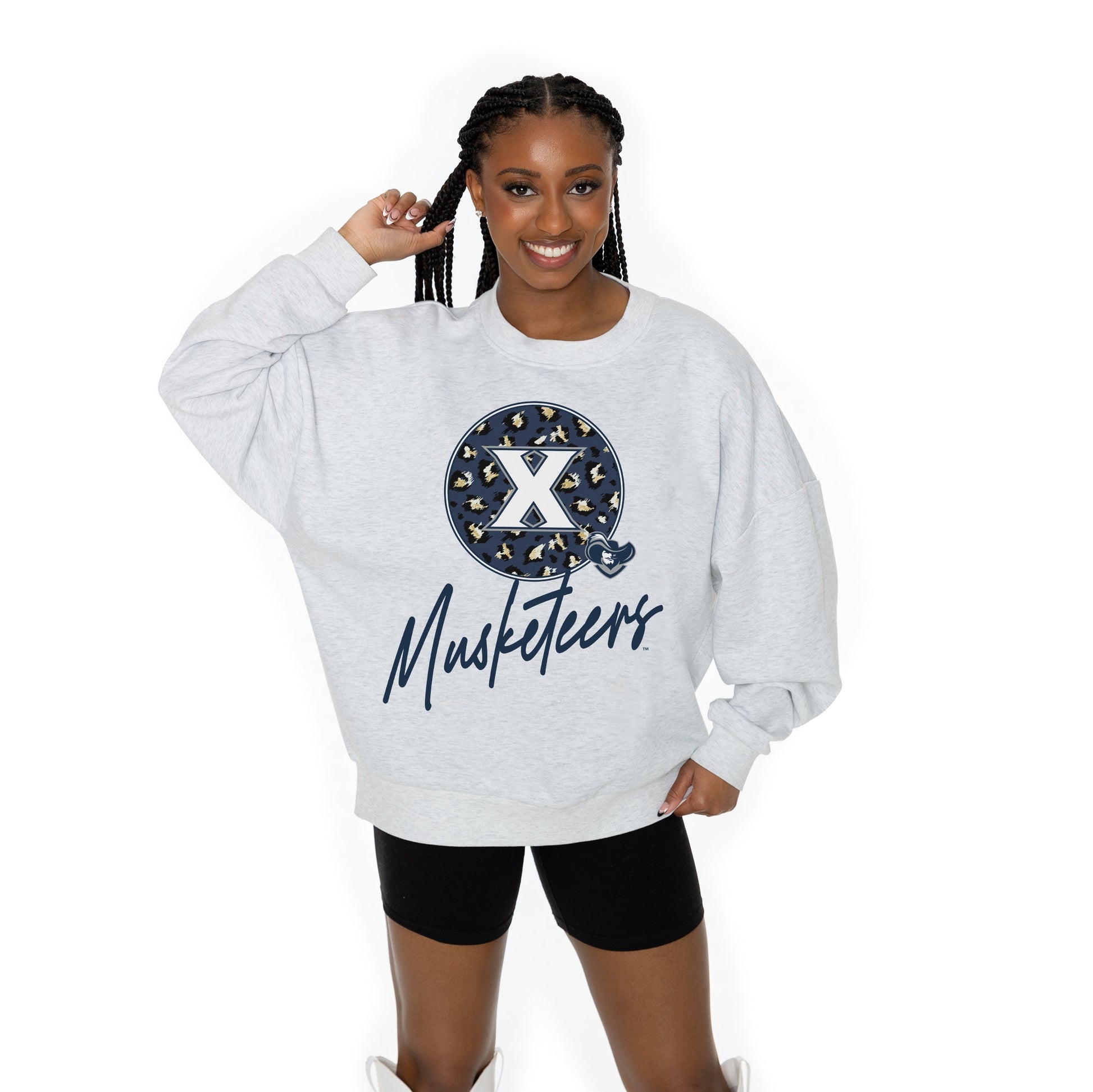 XAVIER MUSKETEERS GOING WILD LONG SLEEVE UNISEX FIT PREMIUM FLEECE CREWNECK SWEATSHIRT WITH RIBBED KNIT NECKLINE, WRIST, AND WAISTBAND