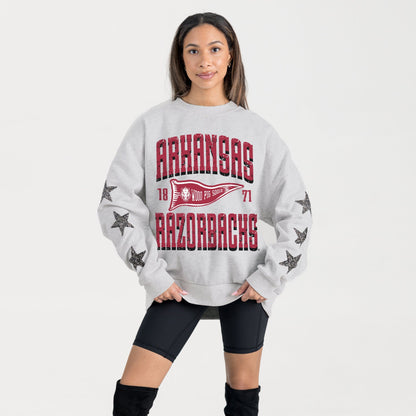 ARKANSAS RAZORBACKS PENNANT PRIDE EMBELLISHED STAR SLEEVE CREWNECK PULLOVER