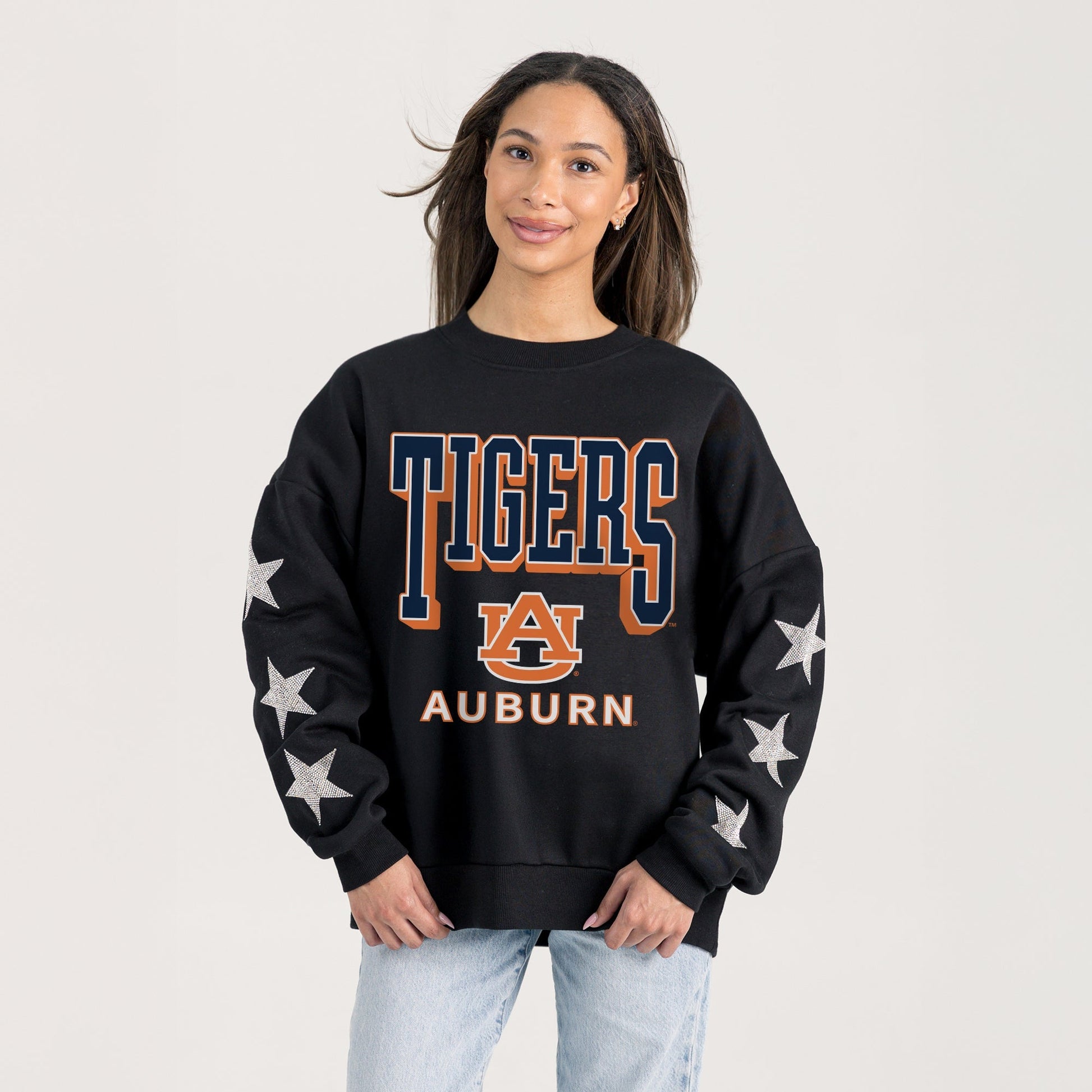 AUBURN TIGERS PURE VICTORY EMBELLISHED STAR SLEEVE CREWNECK PULLOVER