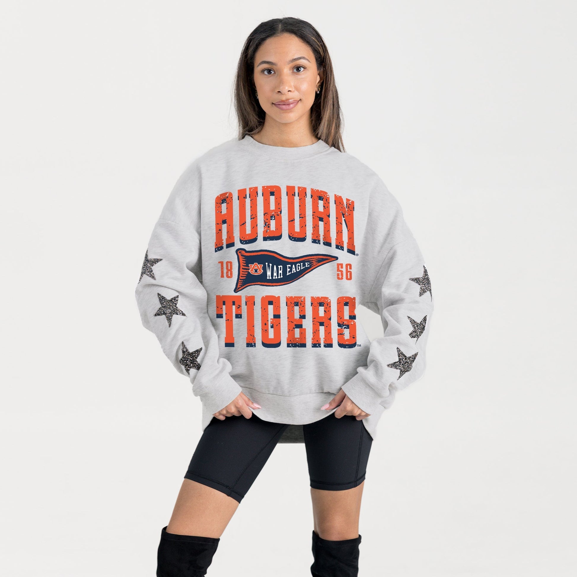 AUBURN TIGERS PENNANT PRIDE EMBELLISHED STAR SLEEVE CREWNECK PULLOVER