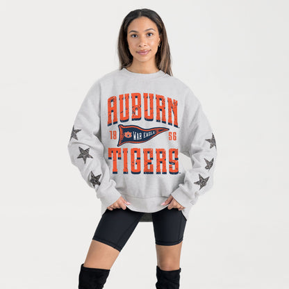 AUBURN TIGERS PENNANT PRIDE EMBELLISHED STAR SLEEVE CREWNECK PULLOVER