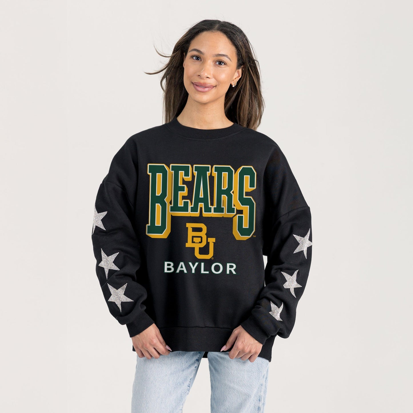 BAYLOR BEARS PURE VICTORY EMBELLISHED STAR SLEEVE CREWNECK PULLOVER