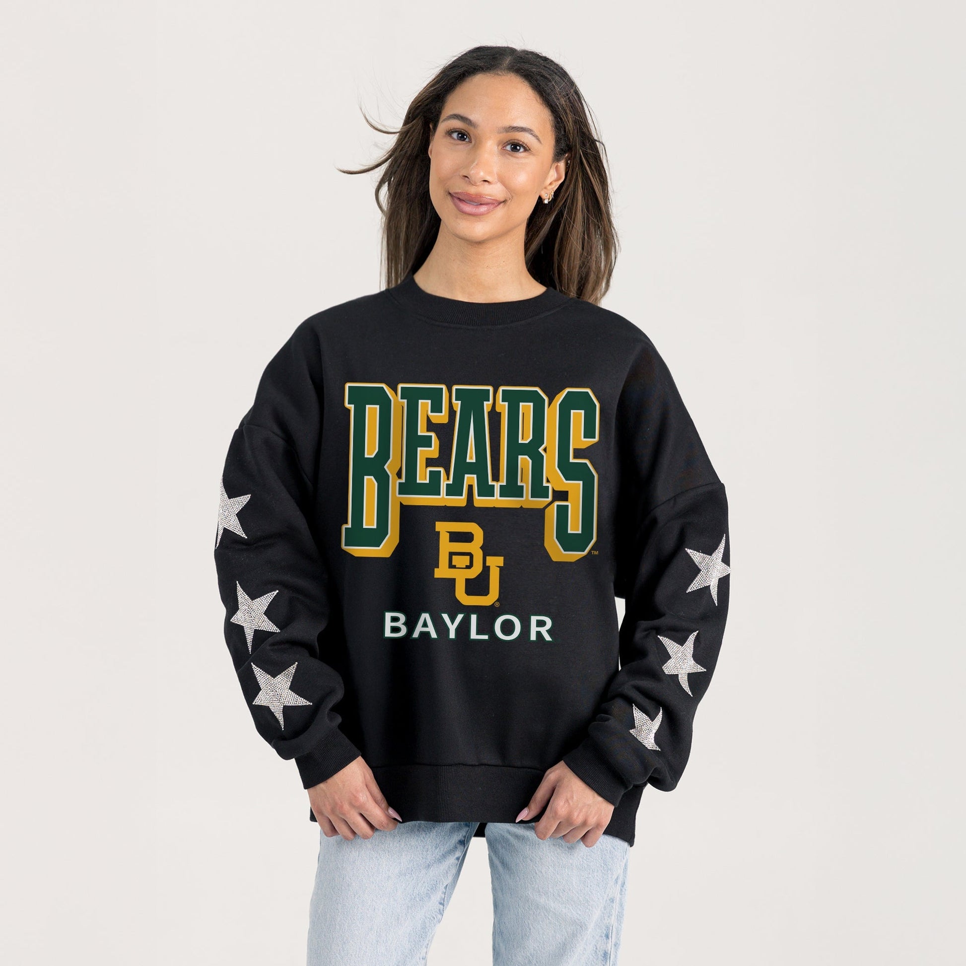 BAYLOR BEARS PURE VICTORY EMBELLISHED STAR SLEEVE CREWNECK PULLOVER