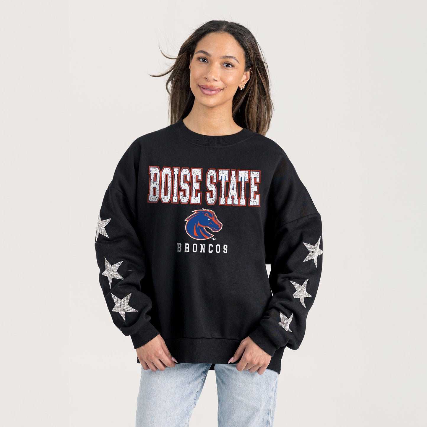 BOISE STATE BRONCOS VELOCITY STAR EMBELLISHED CREW SWEATSHIRT