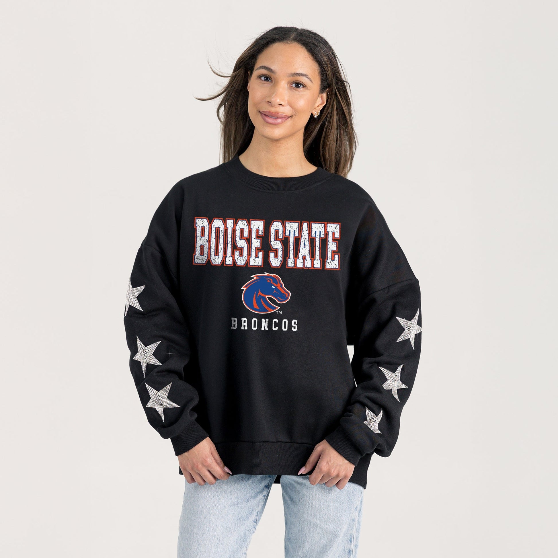 BOISE STATE BRONCOS VELOCITY STAR EMBELLISHED CREW SWEATSHIRT