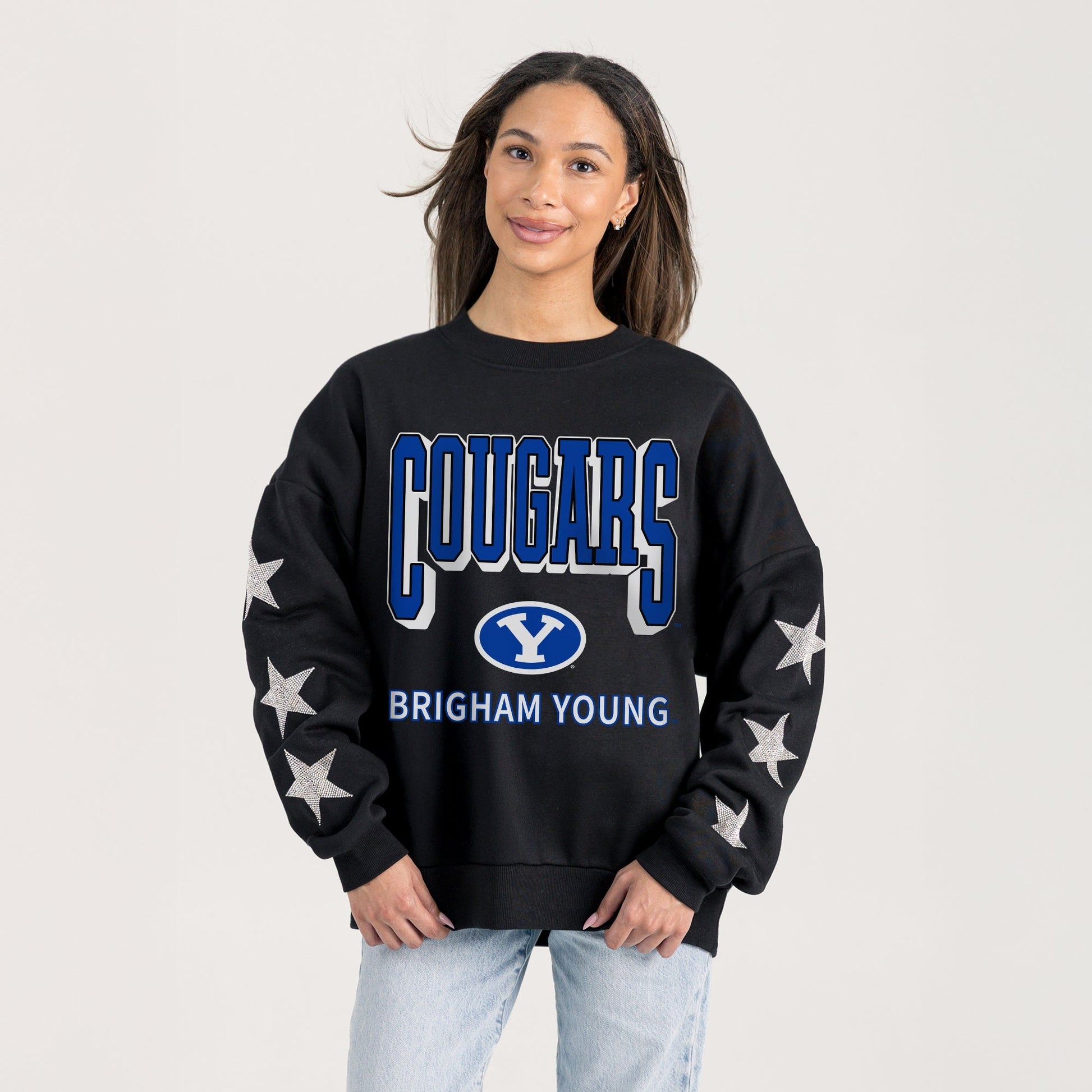 BYU COUGARS PURE VICTORY EMBELLISHED STAR SLEEVE CREWNECK PULLOVER