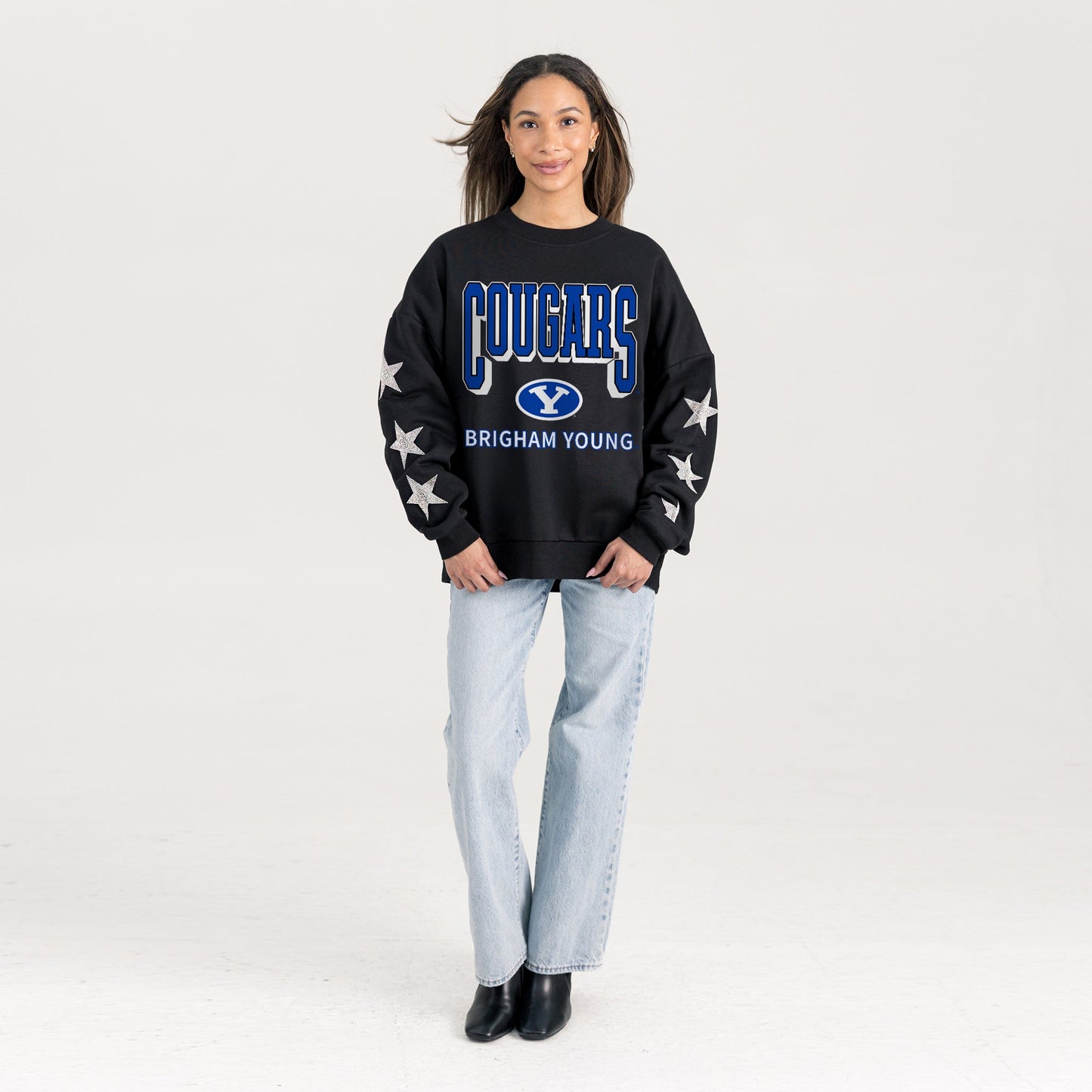 BYU COUGARS PURE VICTORY EMBELLISHED STAR SLEEVE CREWNECK PULLOVER