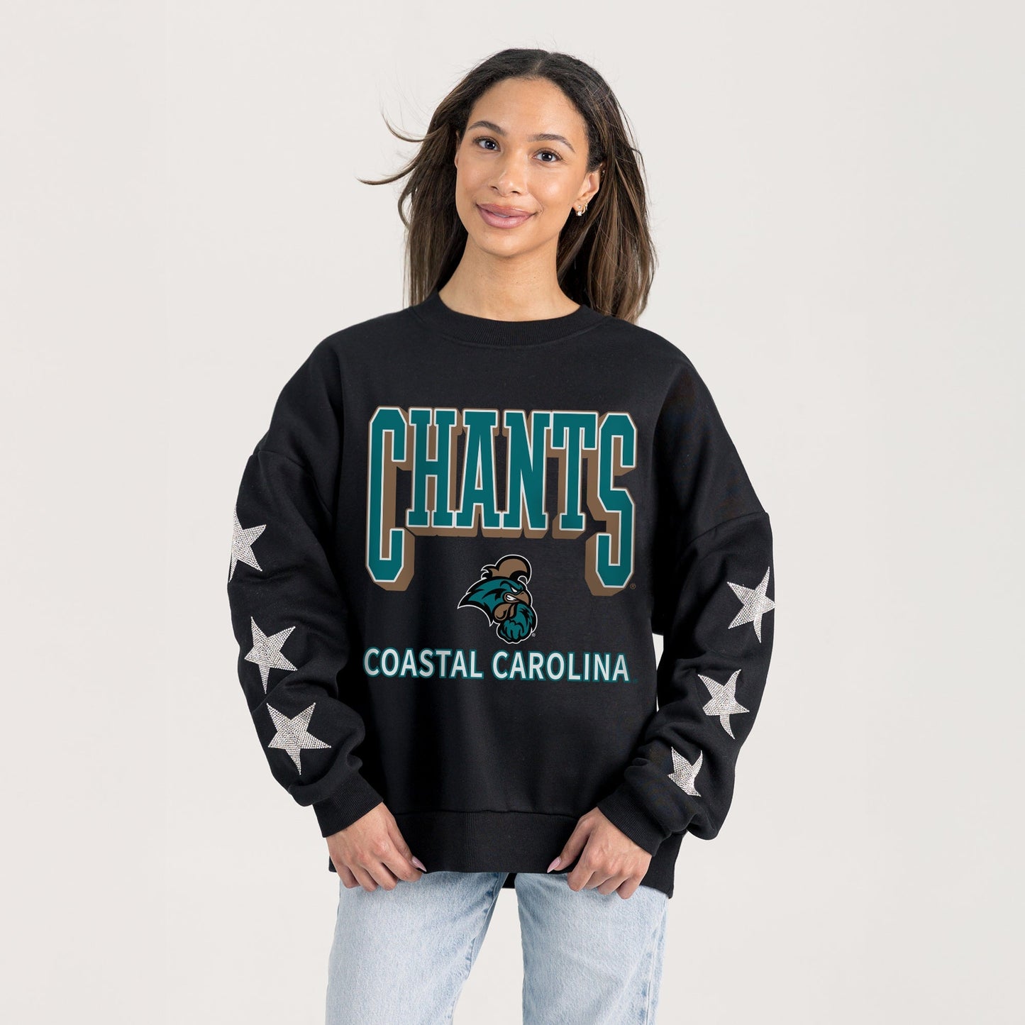 COASTAL CAROLINA CHANTICLEERS PURE VICTORY EMBELLISHED STAR SLEEVE CREWNECK PULLOVER