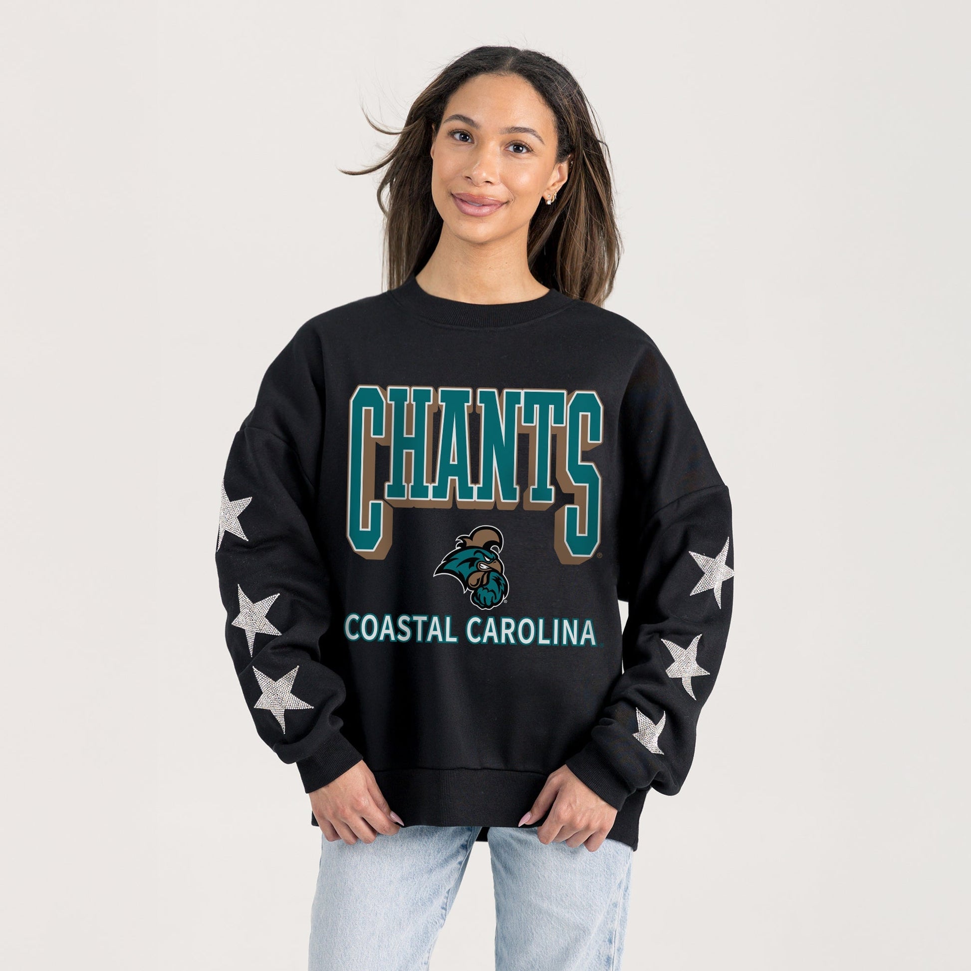 COASTAL CAROLINA CHANTICLEERS PURE VICTORY EMBELLISHED STAR SLEEVE CREWNECK PULLOVER