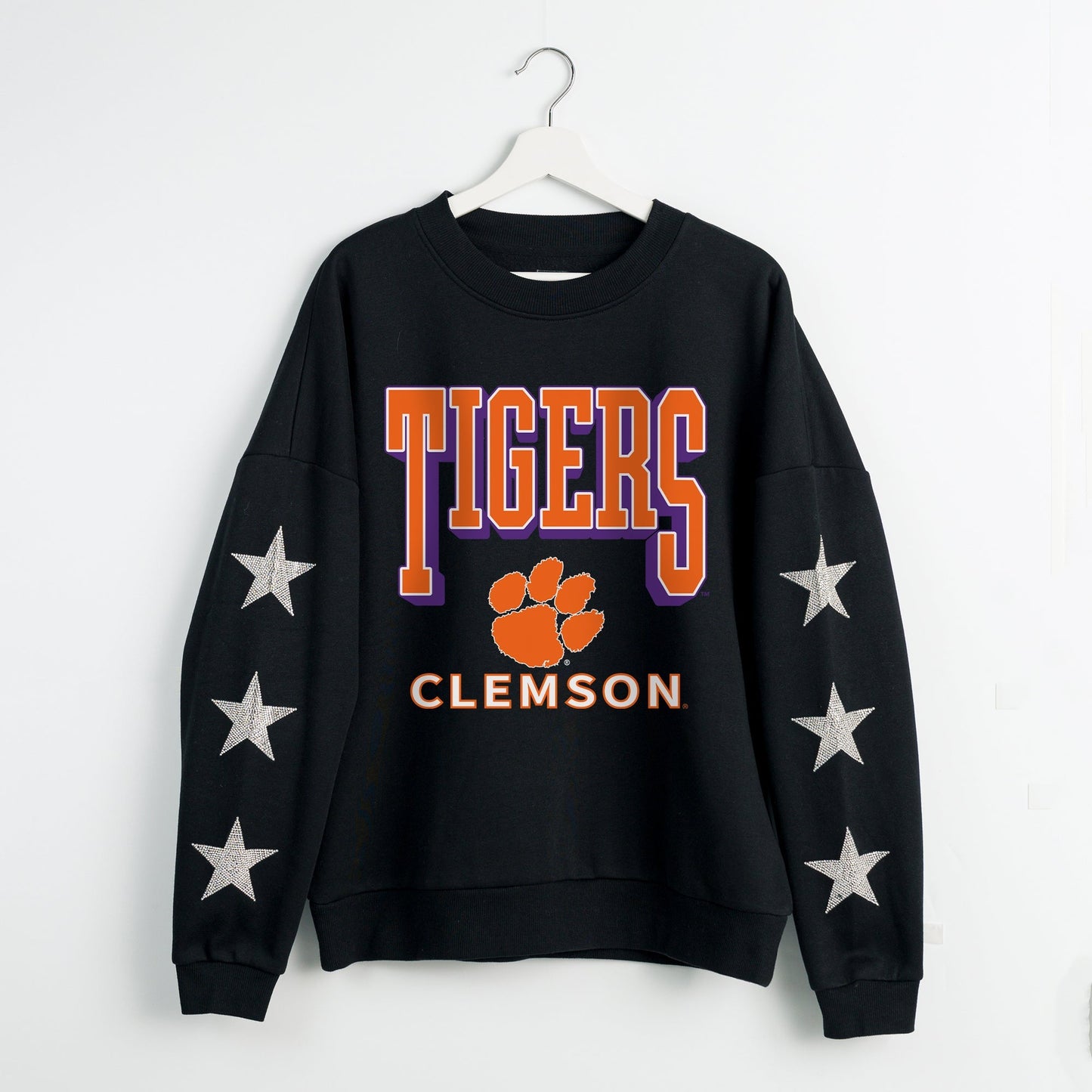 CLEMSON TIGERS PURE VICTORY EMBELLISHED STAR SLEEVE CREWNECK PULLOVER
