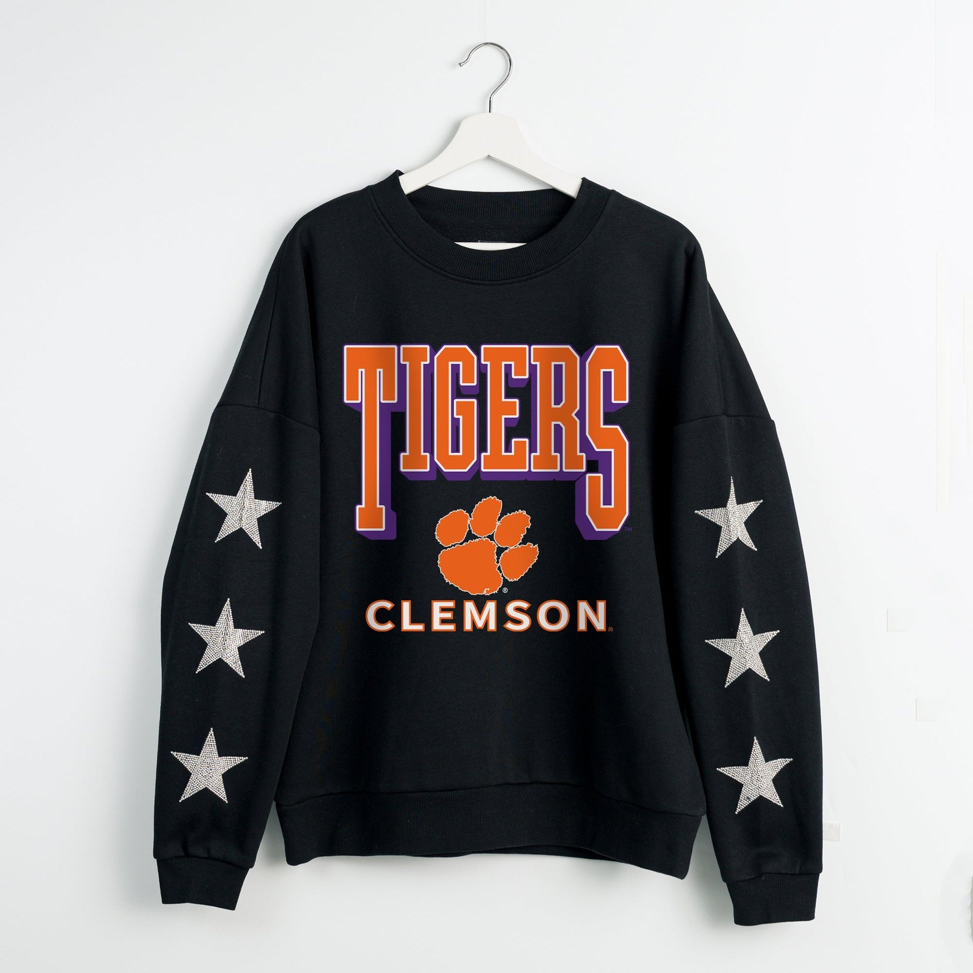 CLEMSON TIGERS PURE VICTORY EMBELLISHED STAR SLEEVE CREWNECK PULLOVER