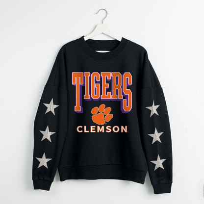 CLEMSON TIGERS PURE VICTORY EMBELLISHED STAR SLEEVE CREWNECK PULLOVER