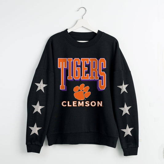 CLEMSON TIGERS PURE VICTORY EMBELLISHED STAR SLEEVE CREWNECK PULLOVER