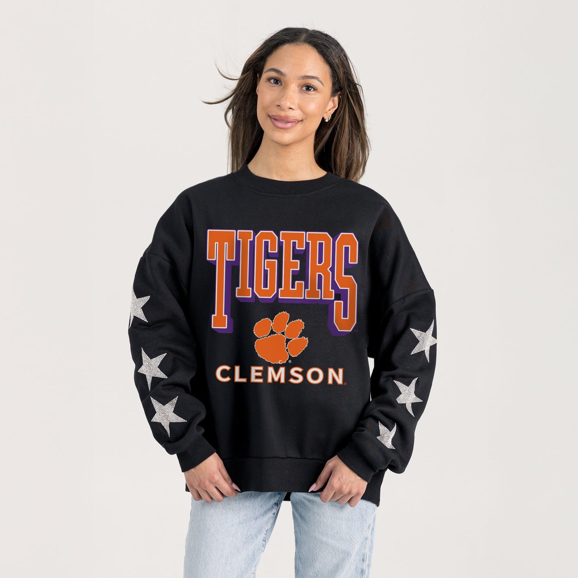 CLEMSON TIGERS PURE VICTORY EMBELLISHED STAR SLEEVE CREWNECK PULLOVER