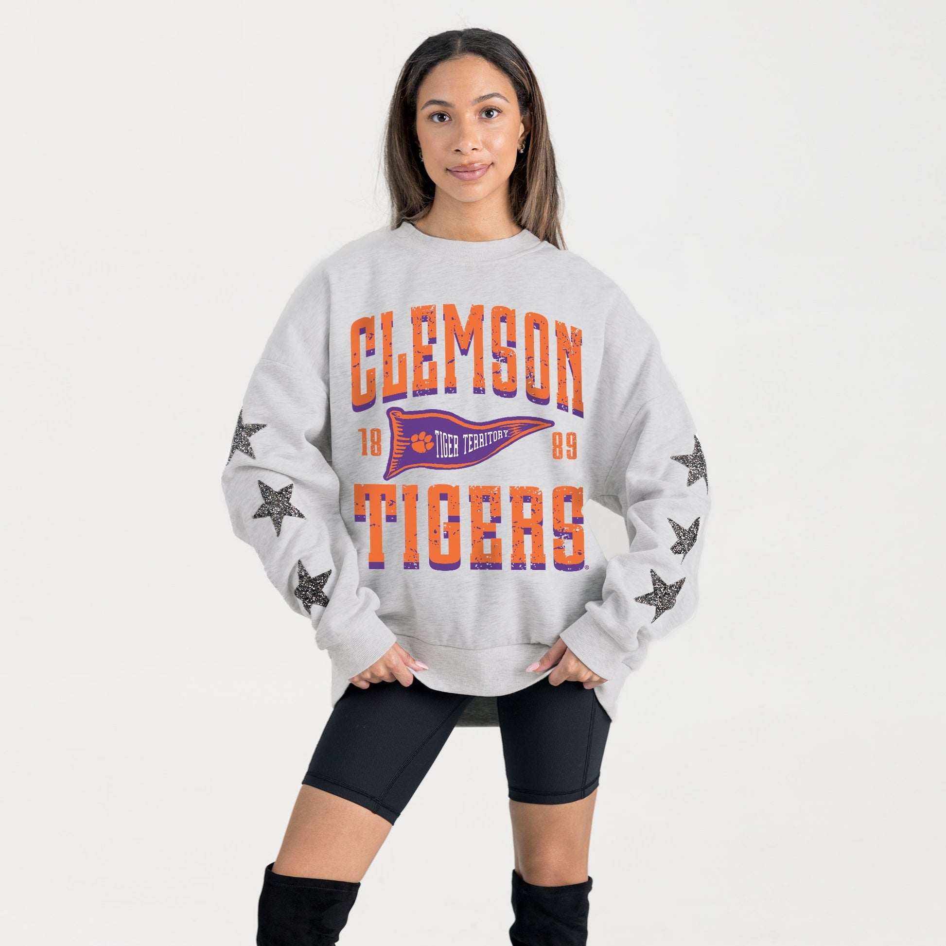 CLEMSON TIGERS PENNANT PRIDE EMBELLISHED STAR SLEEVE CREWNECK PULLOVER