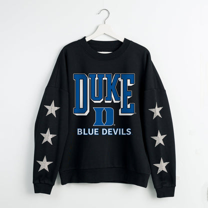 DUKE BLUE DEVILS PURE VICTORY EMBELLISHED STAR SLEEVE CREWNECK PULLOVER