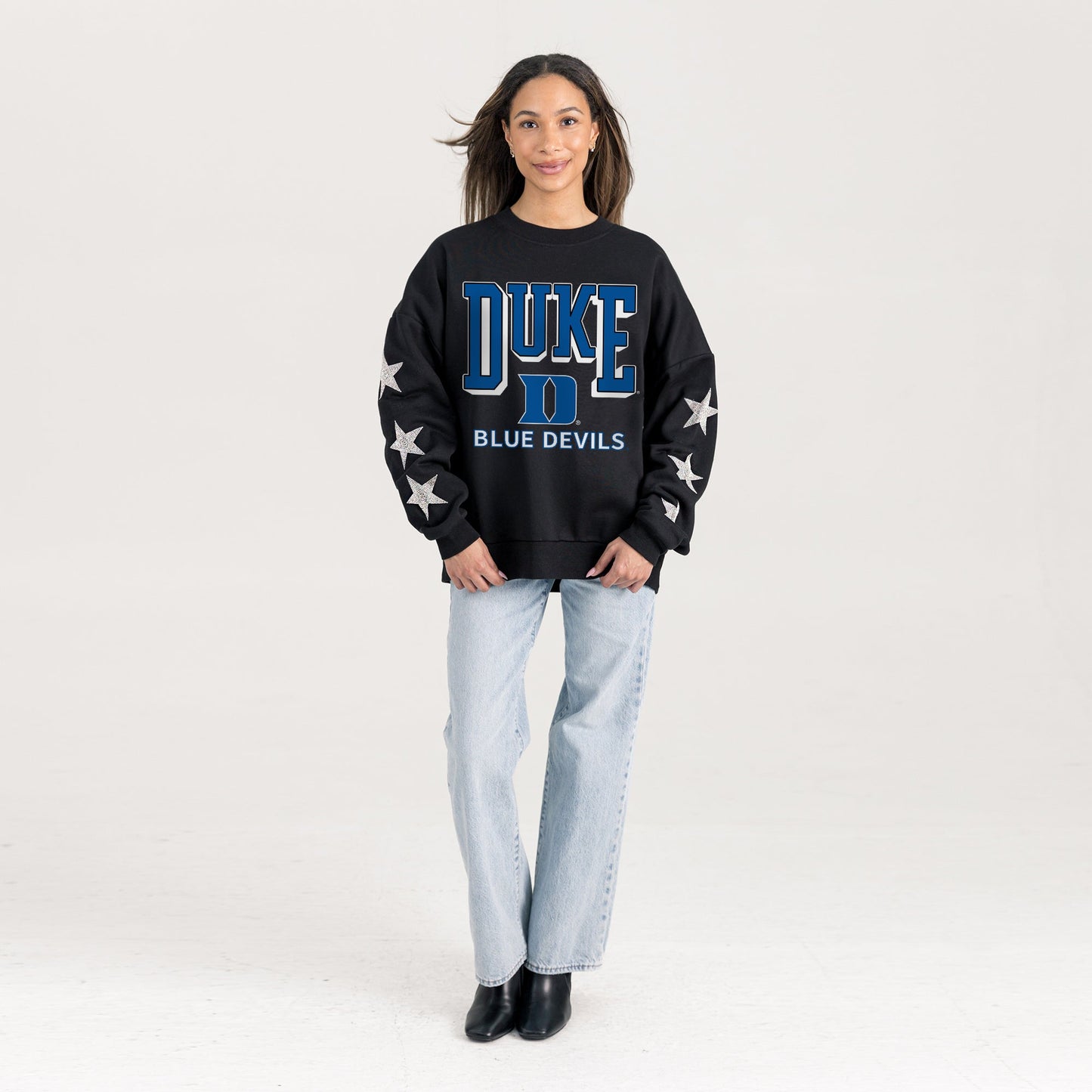 DUKE BLUE DEVILS PURE VICTORY EMBELLISHED STAR SLEEVE CREWNECK PULLOVER