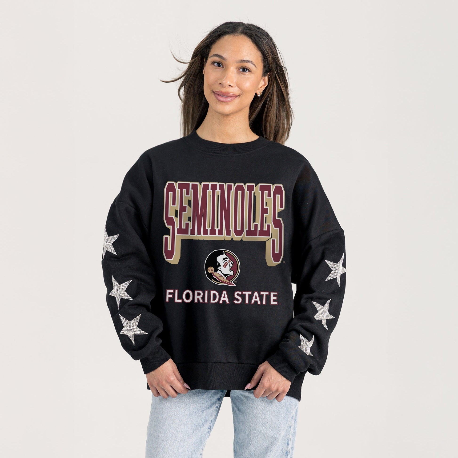 FLORIDA STATE SEMINOLES PURE VICTORY EMBELLISHED STAR SLEEVE CREWNECK PULLOVER