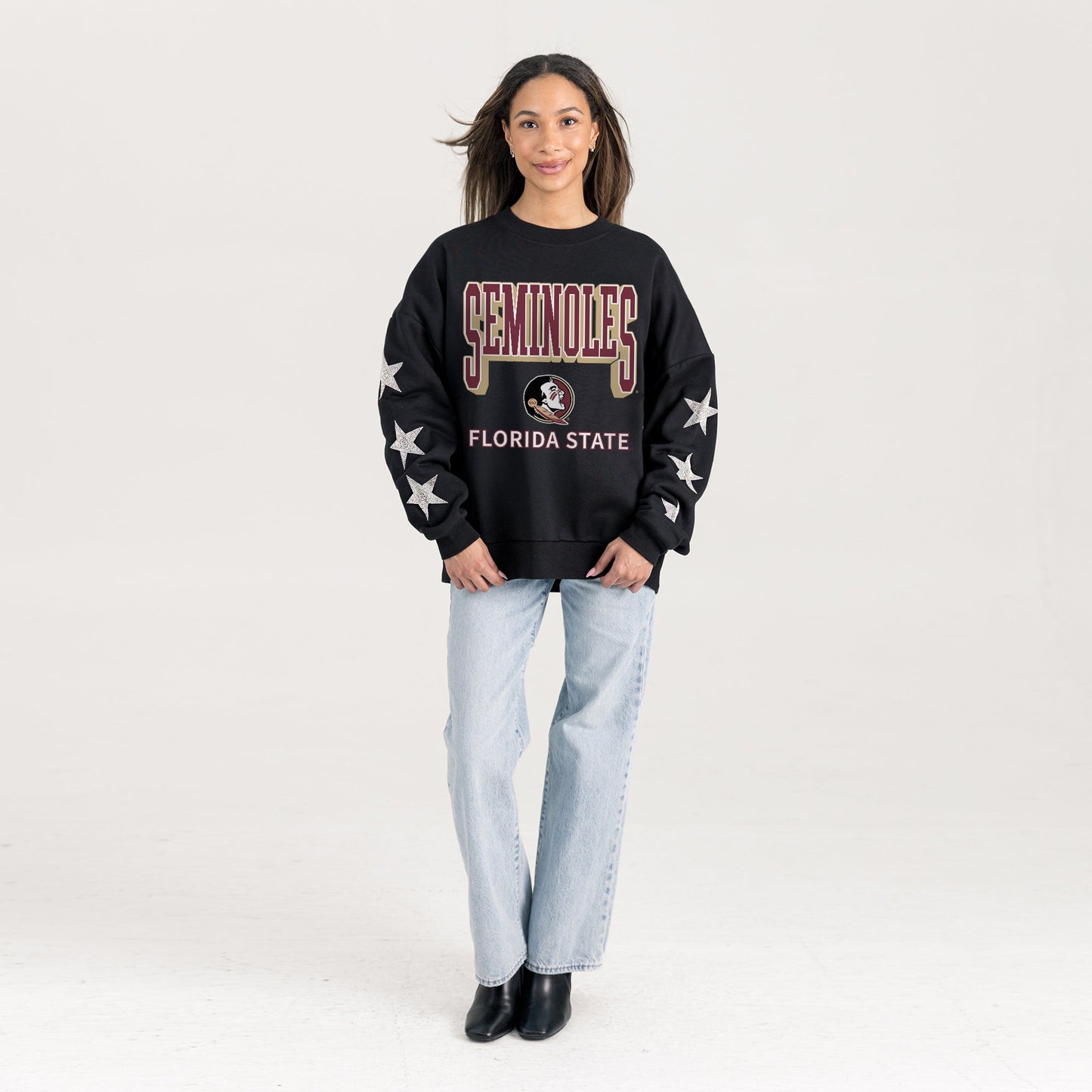 FLORIDA STATE SEMINOLES PURE VICTORY EMBELLISHED STAR SLEEVE CREWNECK PULLOVER