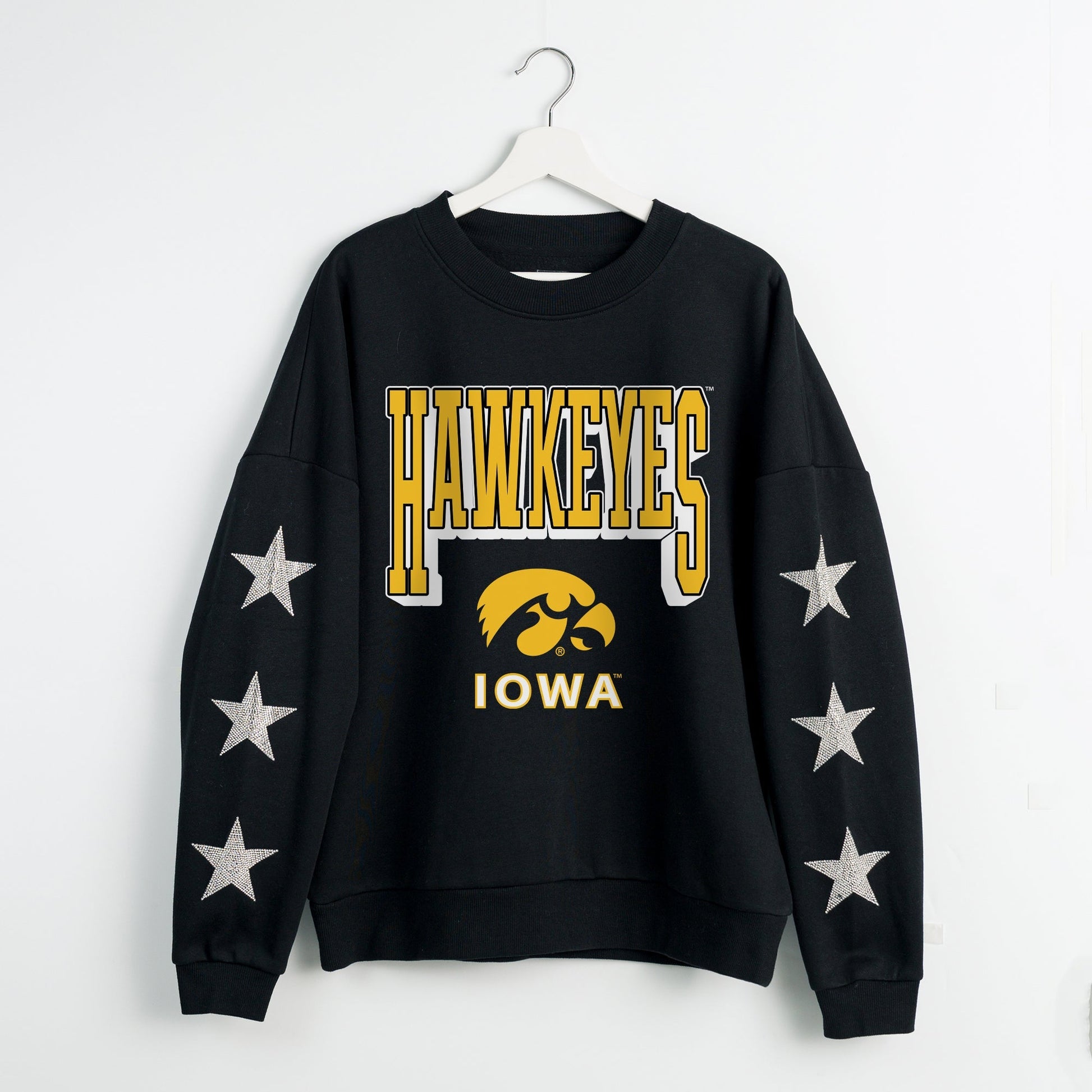 IOWA HAWKEYES PURE VICTORY EMBELLISHED STAR SLEEVE CREWNECK PULLOVER