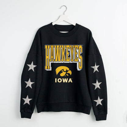 IOWA HAWKEYES PURE VICTORY EMBELLISHED STAR SLEEVE CREWNECK PULLOVER