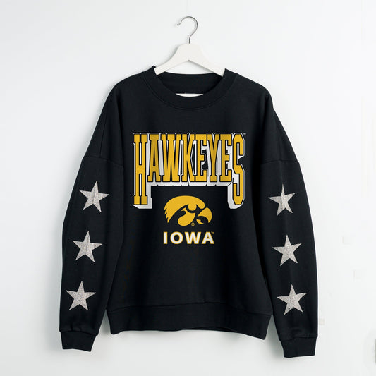 IOWA HAWKEYES PURE VICTORY EMBELLISHED STAR SLEEVE CREWNECK PULLOVER