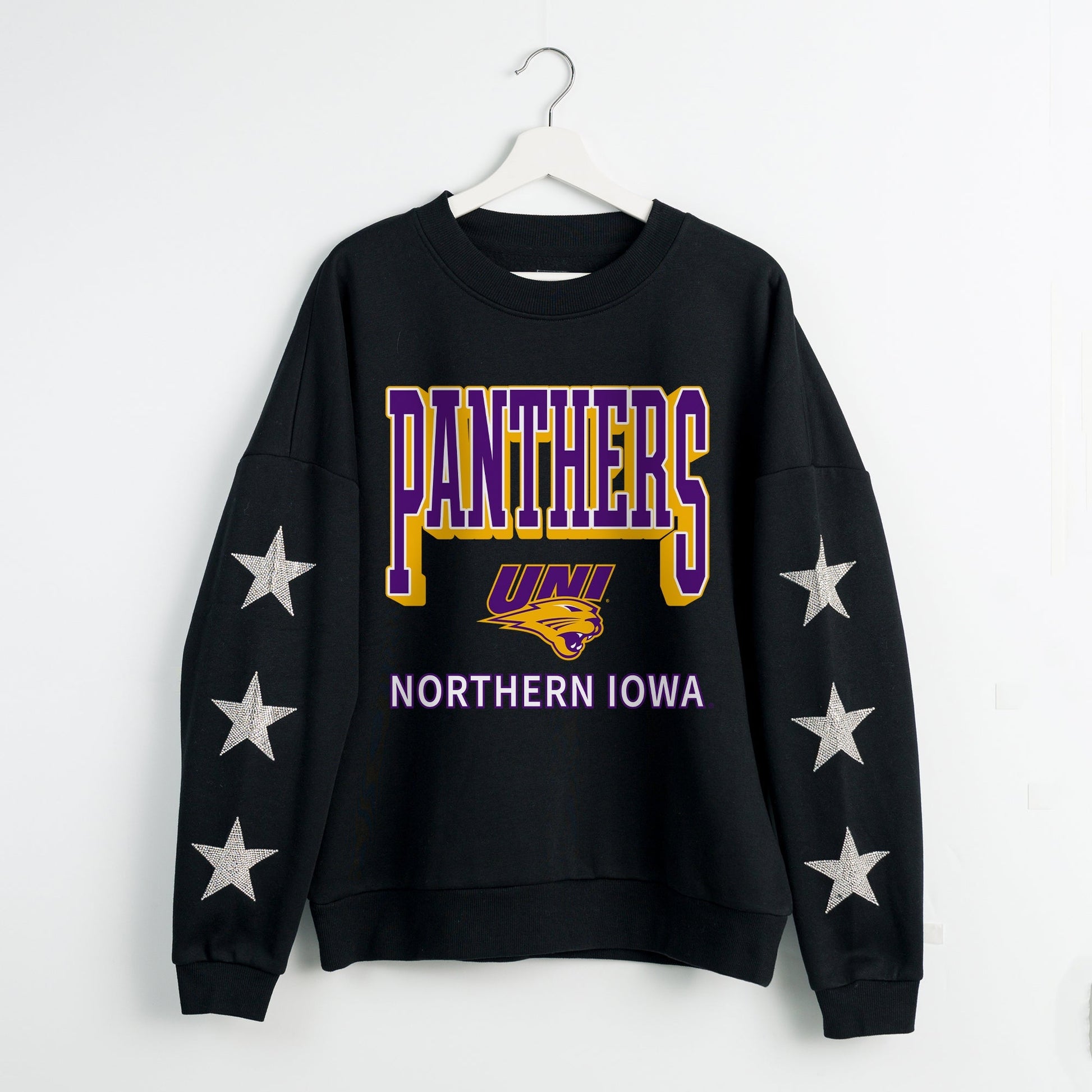 NORTHERN IOWA PANTHERS PURE VICTORY EMBELLISHED STAR SLEEVE CREWNECK PULLOVER
