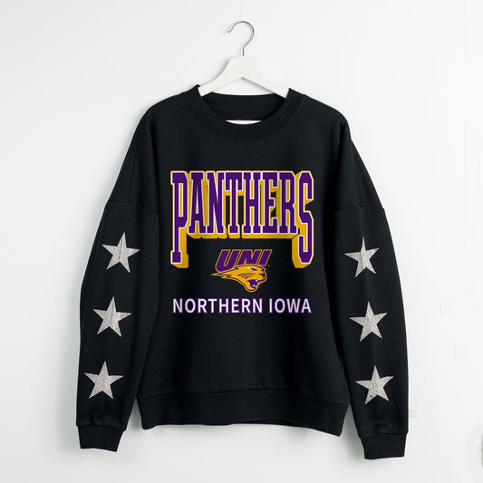 NORTHERN IOWA PANTHERS PURE VICTORY EMBELLISHED STAR SLEEVE CREWNECK PULLOVER