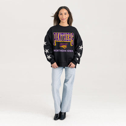 NORTHERN IOWA PANTHERS PURE VICTORY EMBELLISHED STAR SLEEVE CREWNECK PULLOVER