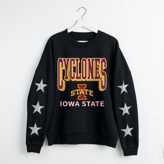 IOWA STATE CYCLONES PURE VICTORY EMBELLISHED STAR SLEEVE CREWNECK PULLOVER
