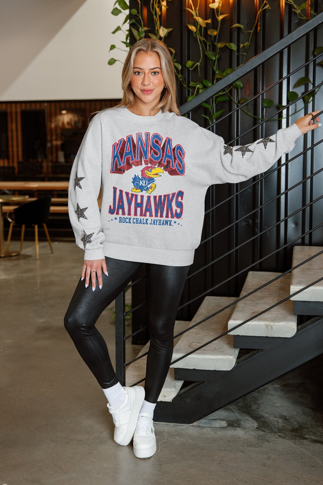 KANSAS JAYHAWKS RESILIENCE STAR EMBELLISHED CREW SWEATSHIRT