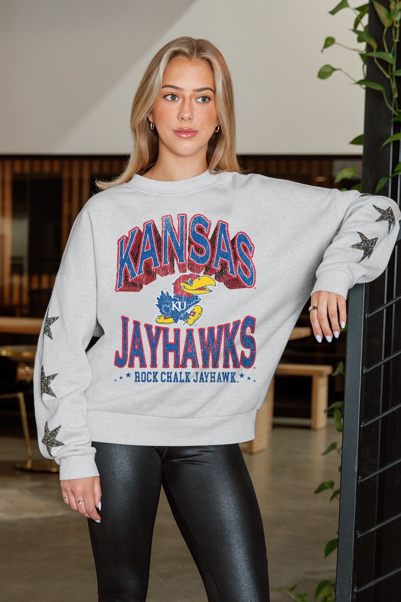 KANSAS JAYHAWKS RESILIENCE STAR EMBELLISHED CREW SWEATSHIRT