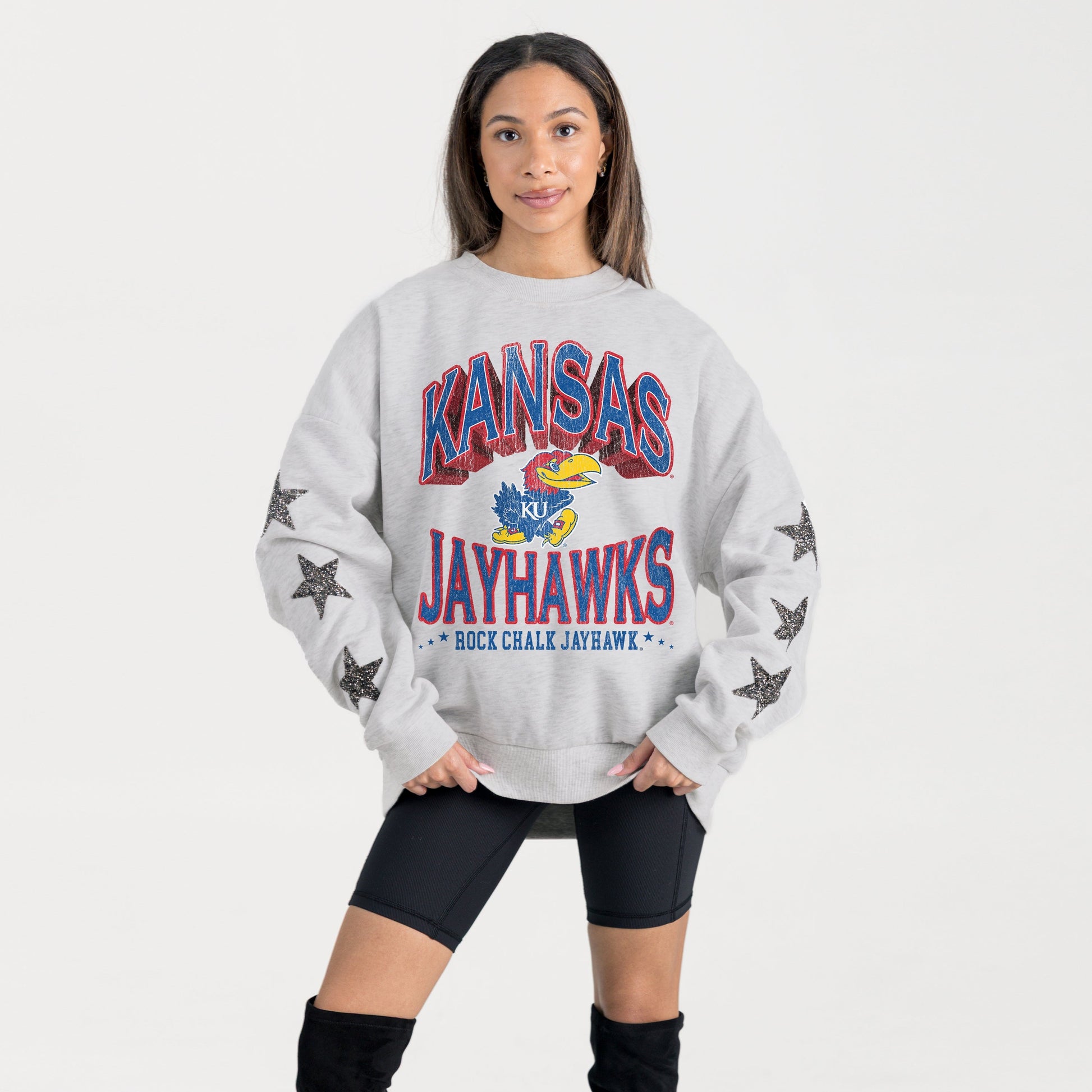 KANSAS JAYHAWKS RESILIENCE STAR EMBELLISHED CREW SWEATSHIRT
