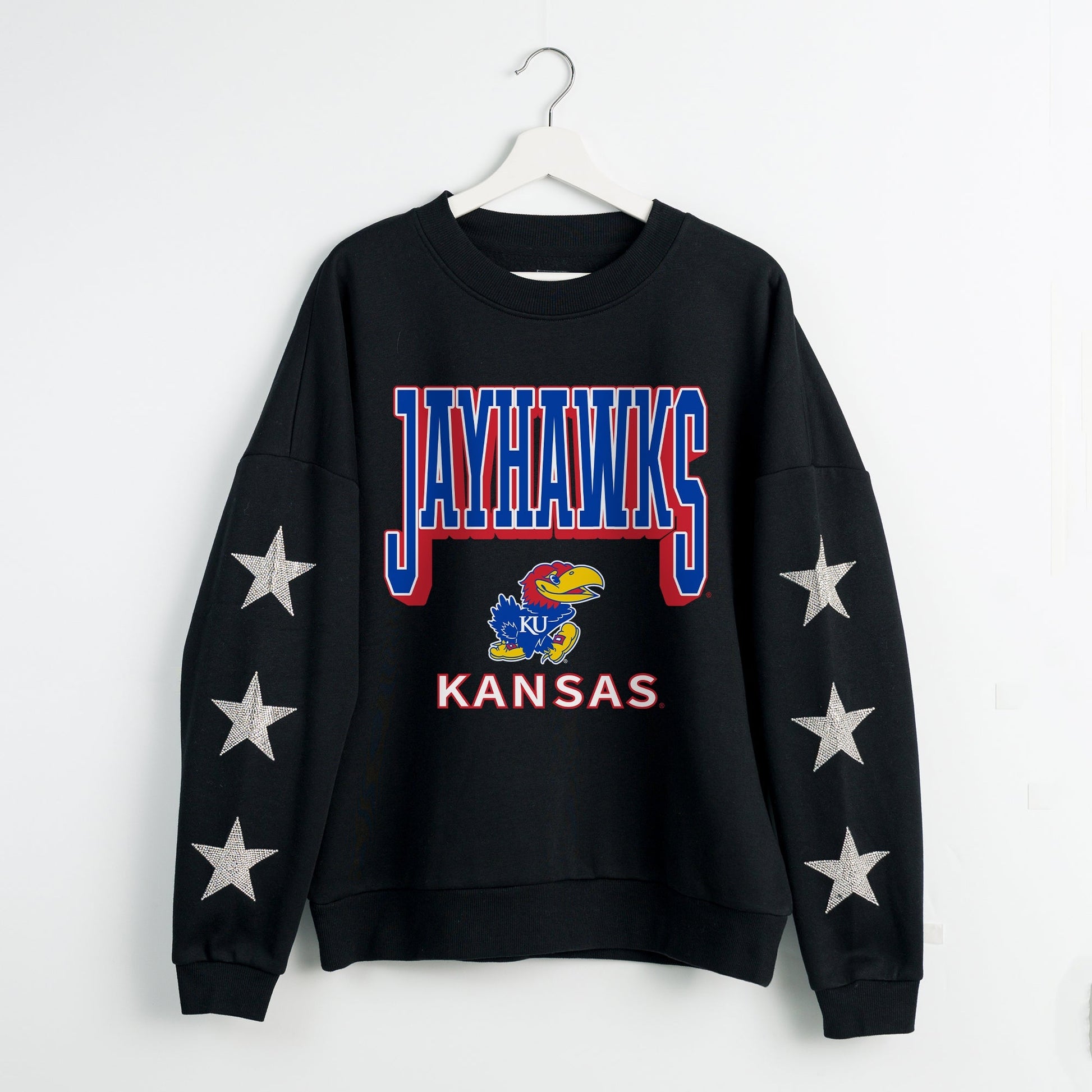 KANSAS JAYHAWKS PURE VICTORY EMBELLISHED STAR SLEEVE CREWNECK PULLOVER