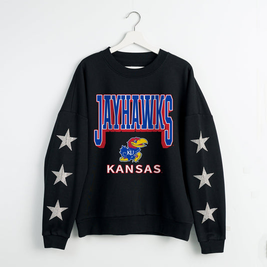 KANSAS JAYHAWKS PURE VICTORY EMBELLISHED STAR SLEEVE CREWNECK PULLOVER