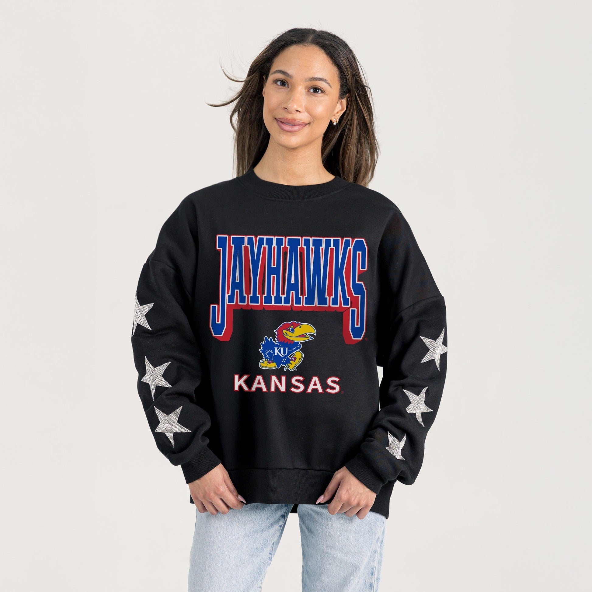 KANSAS JAYHAWKS PURE VICTORY EMBELLISHED STAR SLEEVE CREWNECK PULLOVER